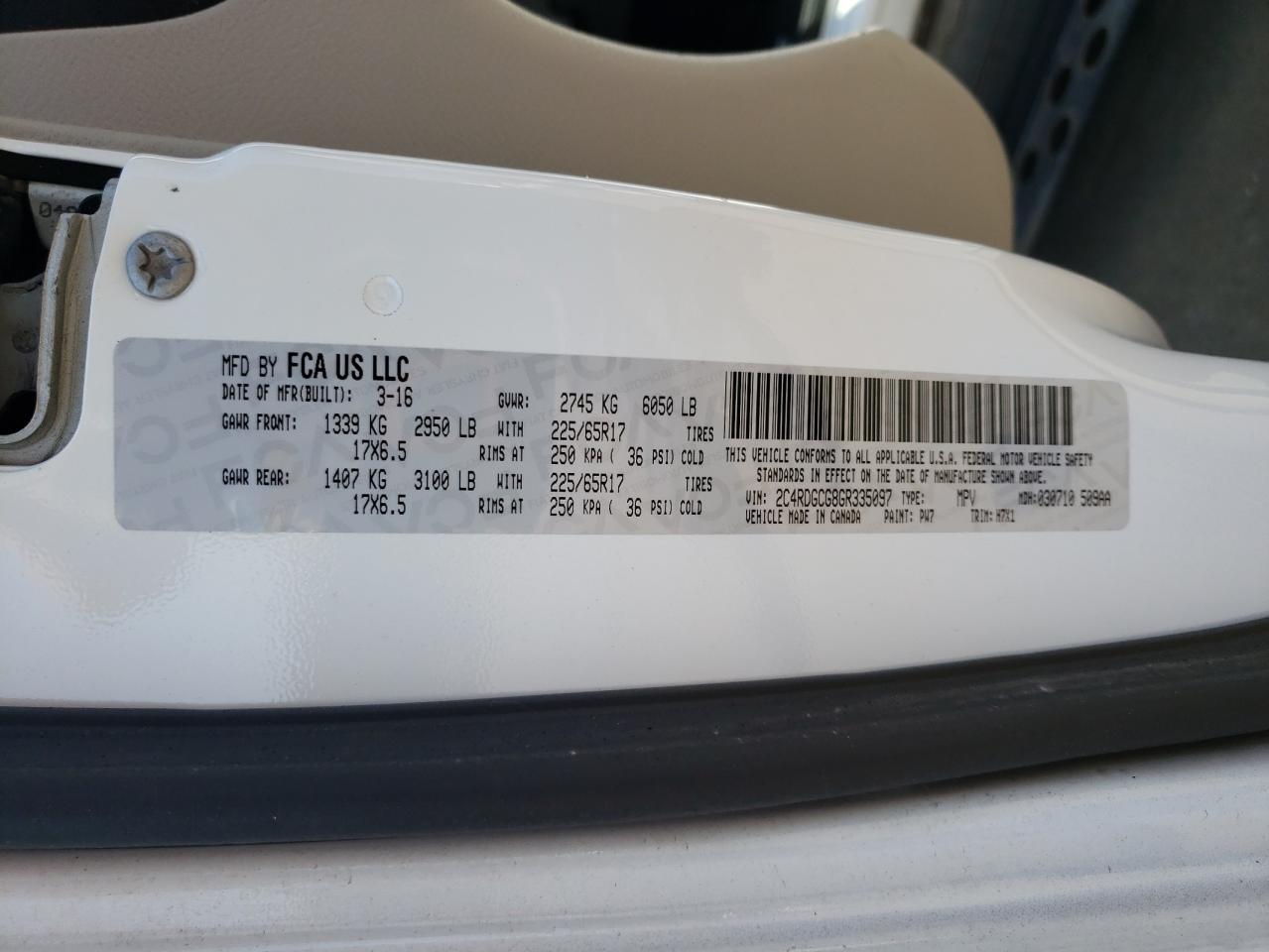 2016 Dodge Grand Caravan Sxt VIN: 2C4RDGCG8GR335097 Lot: 67926545