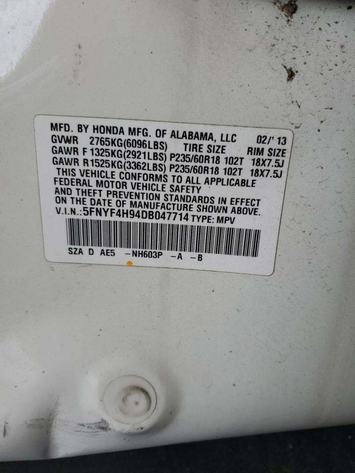 2013 Honda Pilot Touring VIN: 5FNYF4H94DB047714 Lot: 70673475