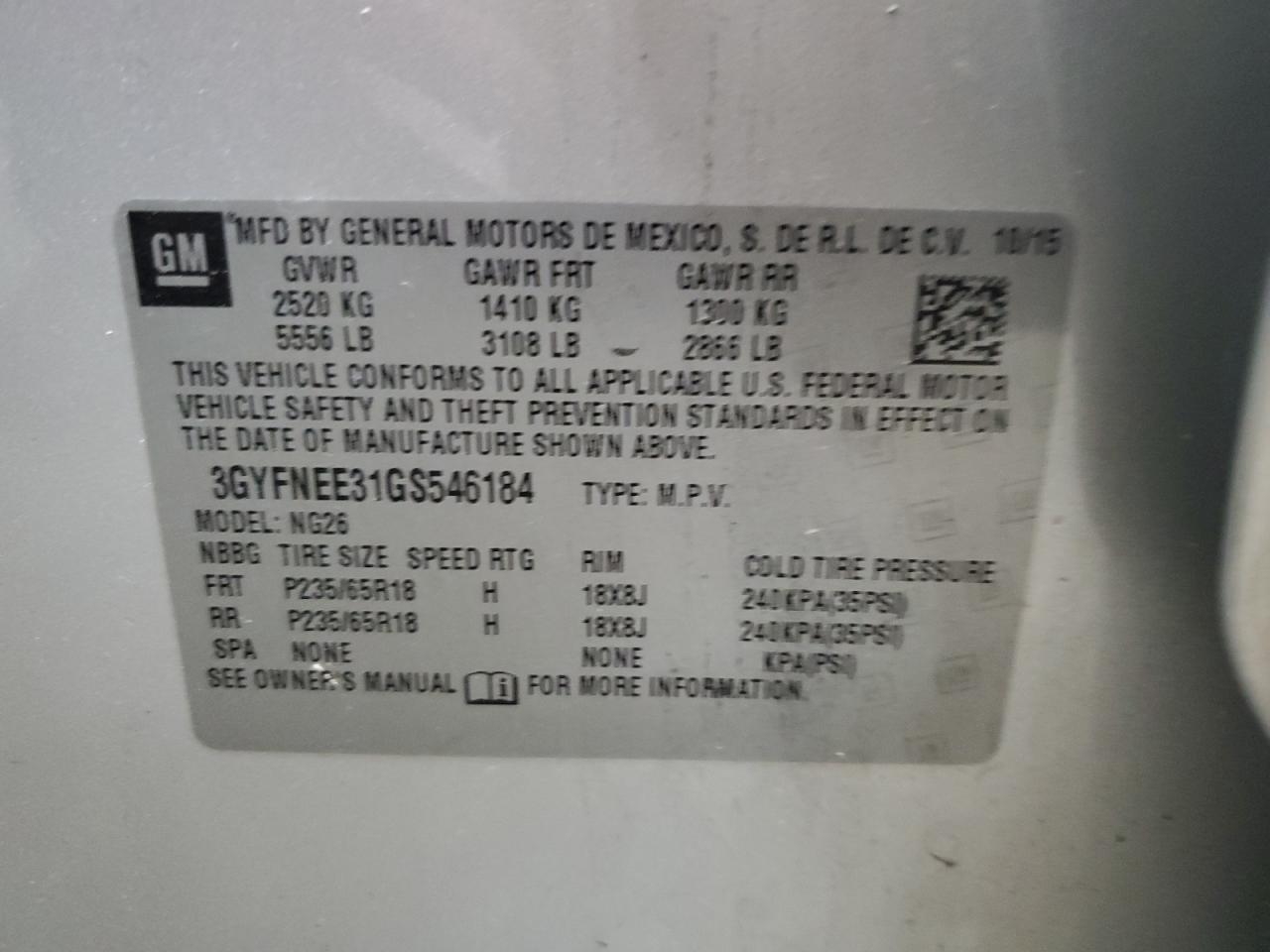 2016 Cadillac Srx Luxury Collection VIN: 3GYFNEE31GS546184 Lot: 69962955