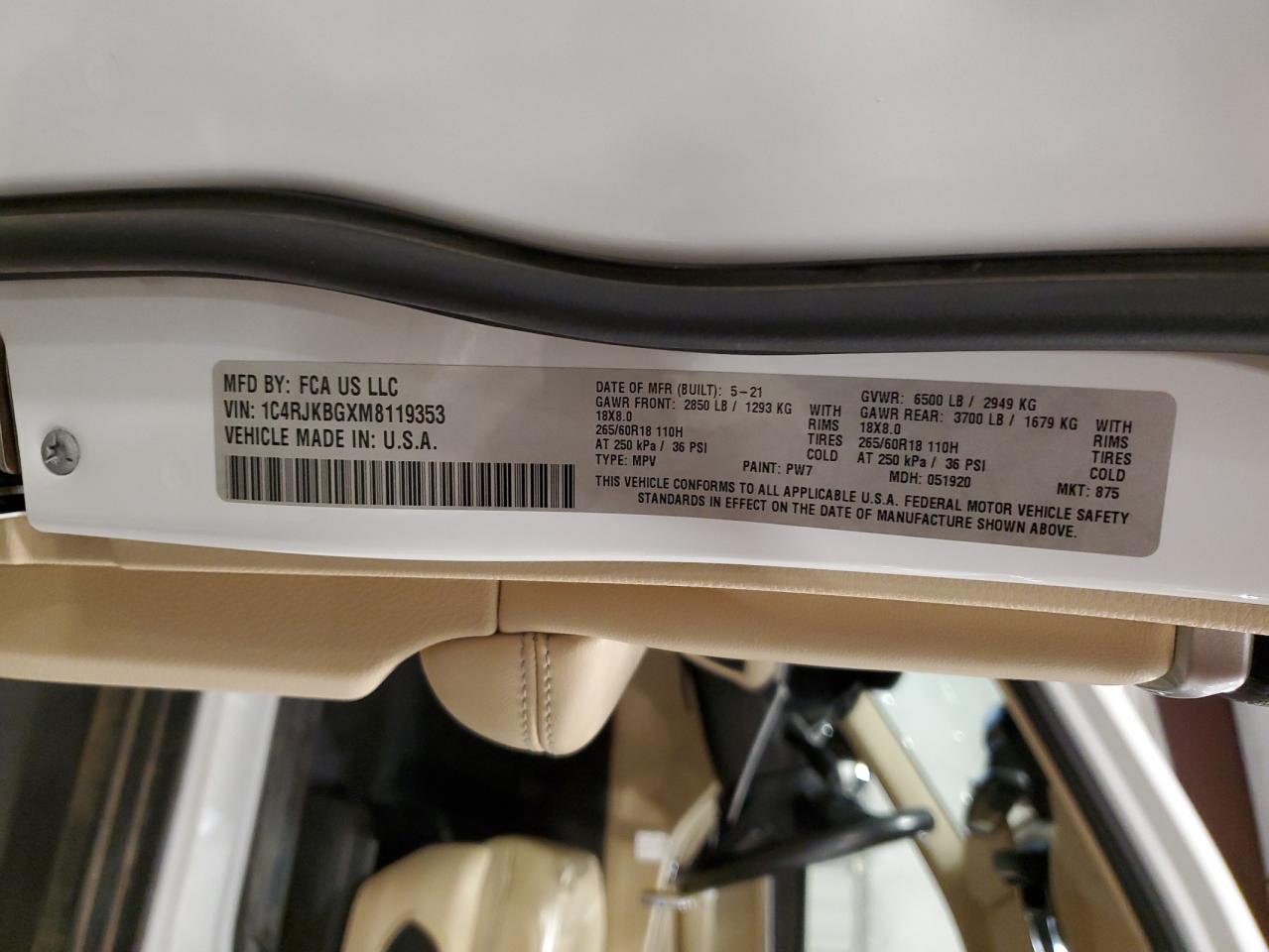 2021 Jeep Grand Cherokee L Limited VIN: 1C4RJKBGXM8119353 Lot: 70301355