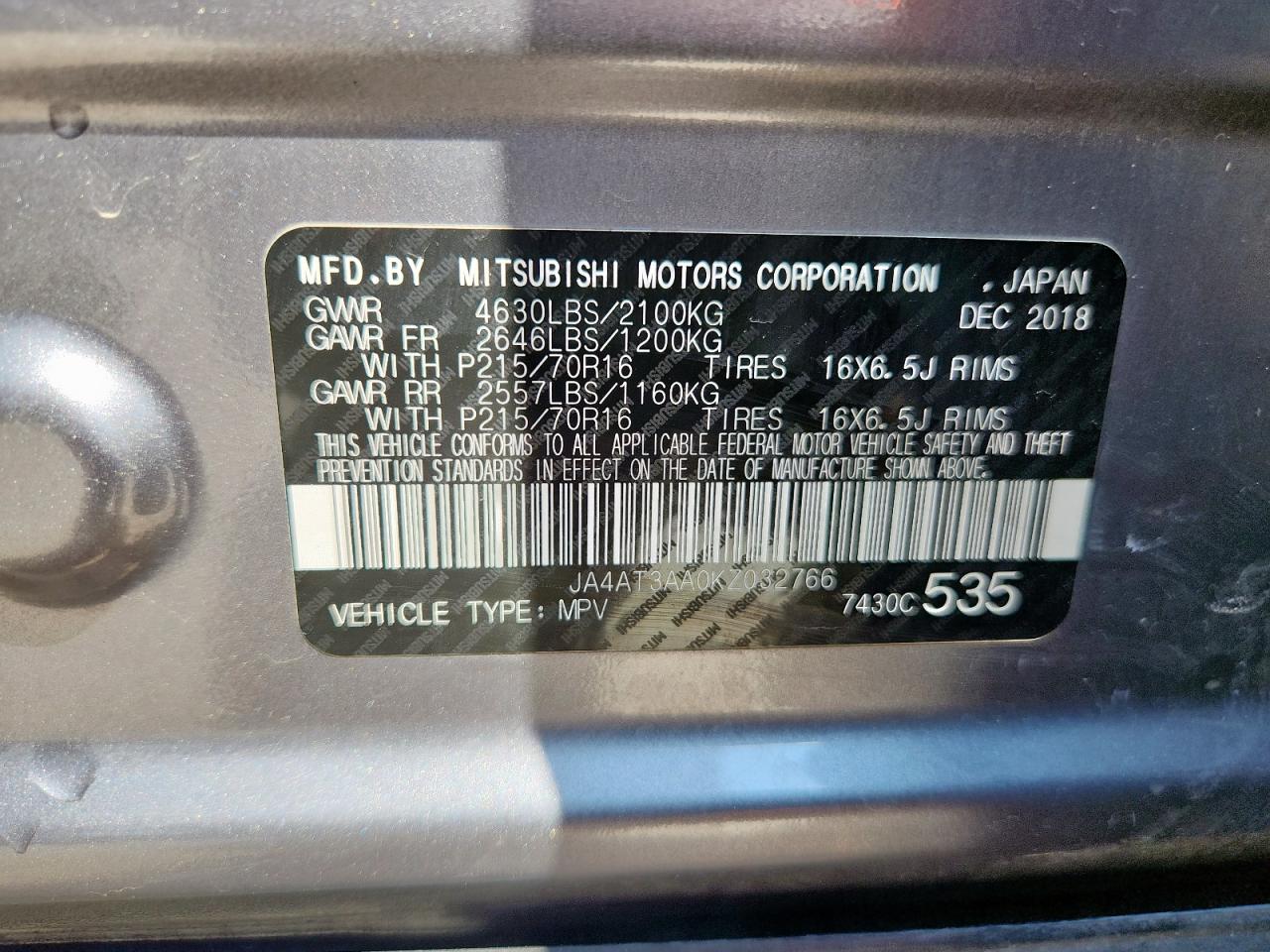 2019 Mitsubishi Eclipse Cross Es VIN: JA4AT3AA0KZ032766 Lot: 69381895