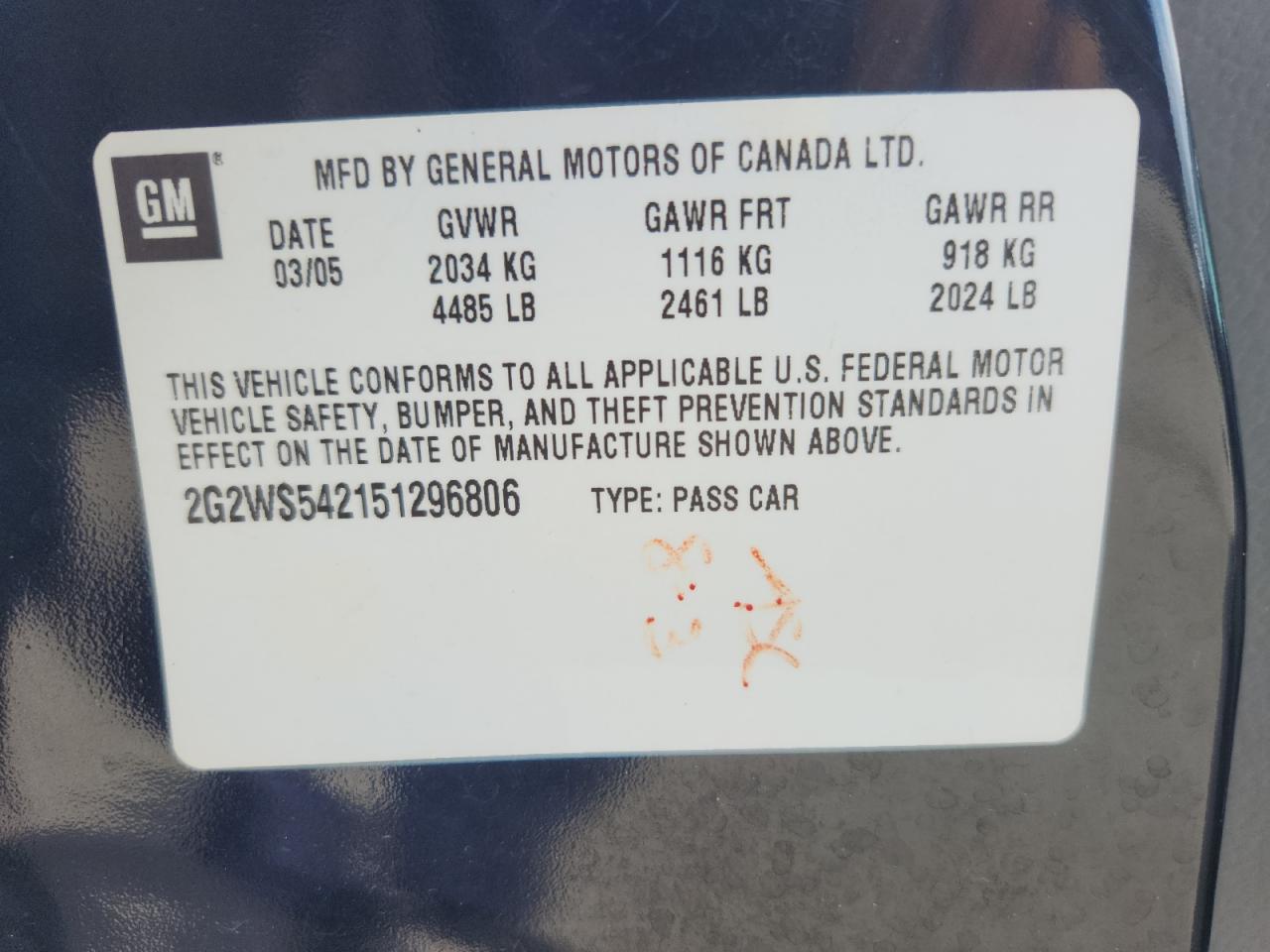 2005 Pontiac Grand Prix Gt VIN: 2G2WS542151296806 Lot: 69283415