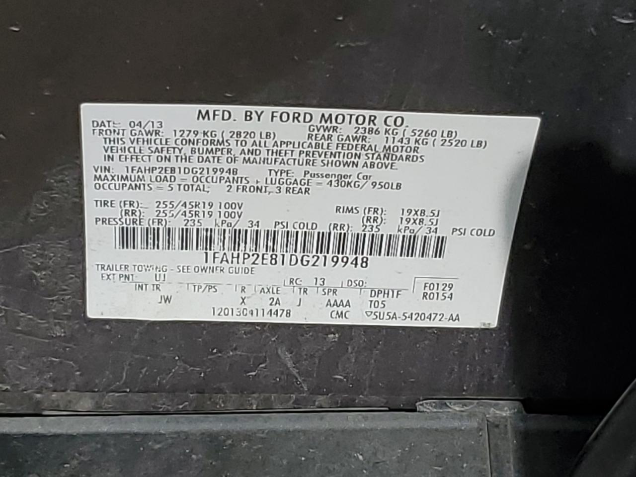 2013 Ford Taurus Sel VIN: 1FAHP2E81DG219948 Lot: 67720845
