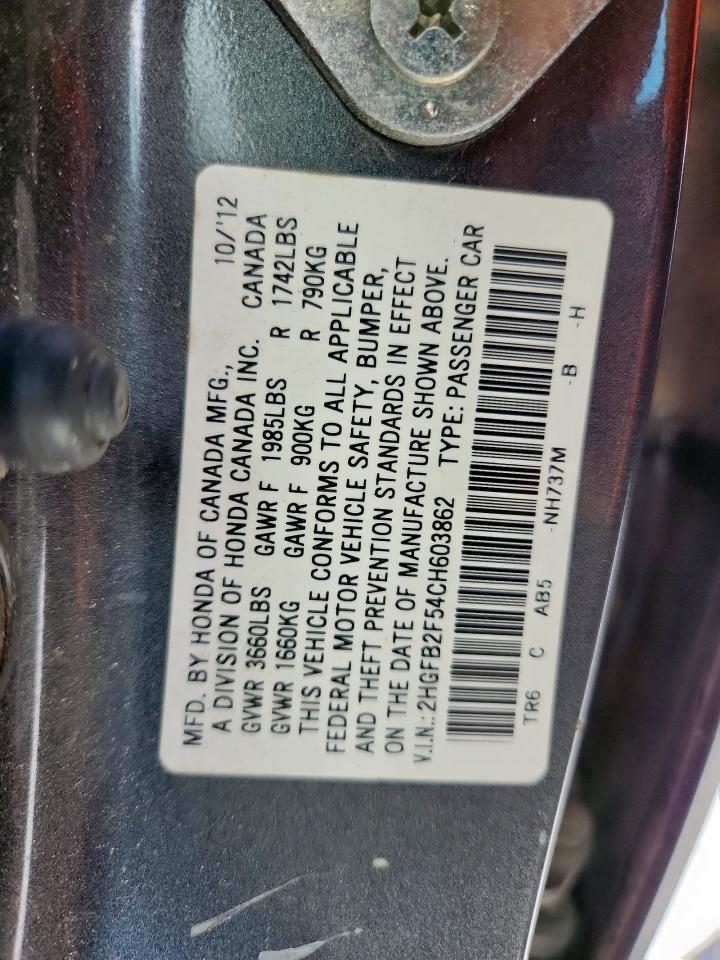 2012 Honda Civic Lx VIN: 2HGFB2F54CH603862 Lot: 69545825