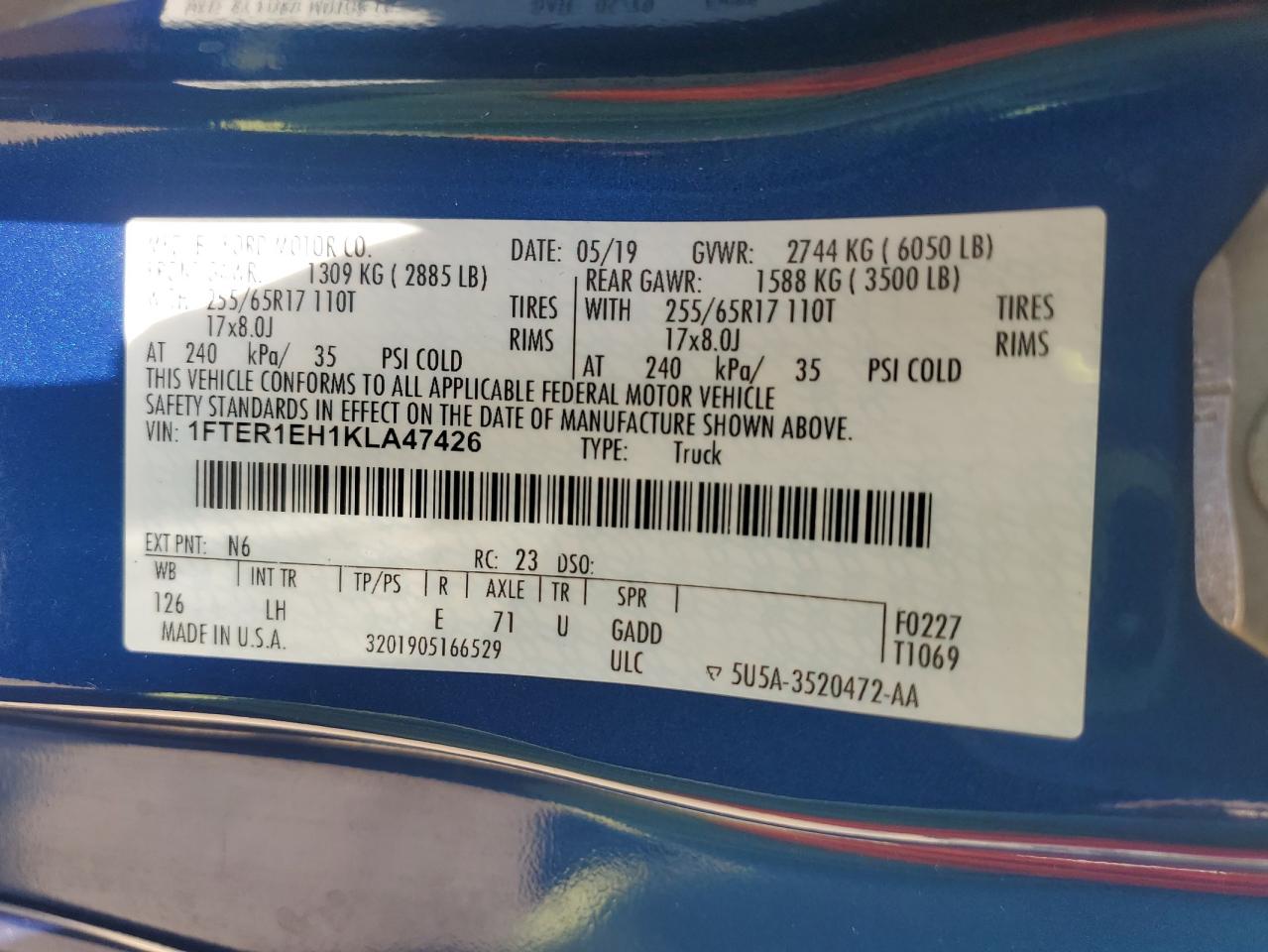 2019 Ford Ranger Xl VIN: 1FTER1EH1KLA47426 Lot: 69804515