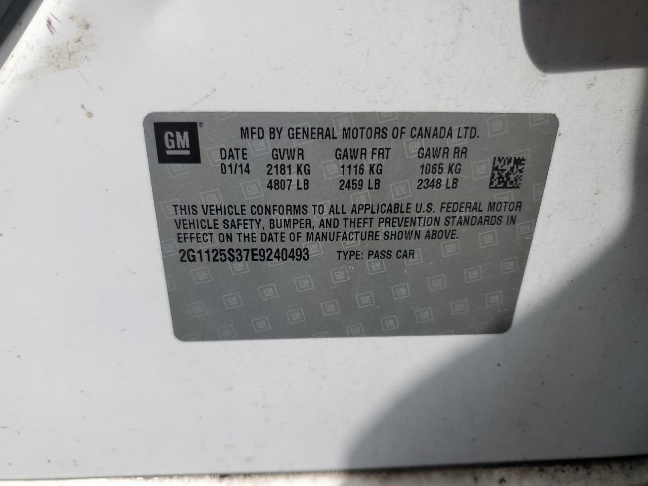 2014 Chevrolet Impala Lt VIN: 2G1125S37E9240493 Lot: 68721875