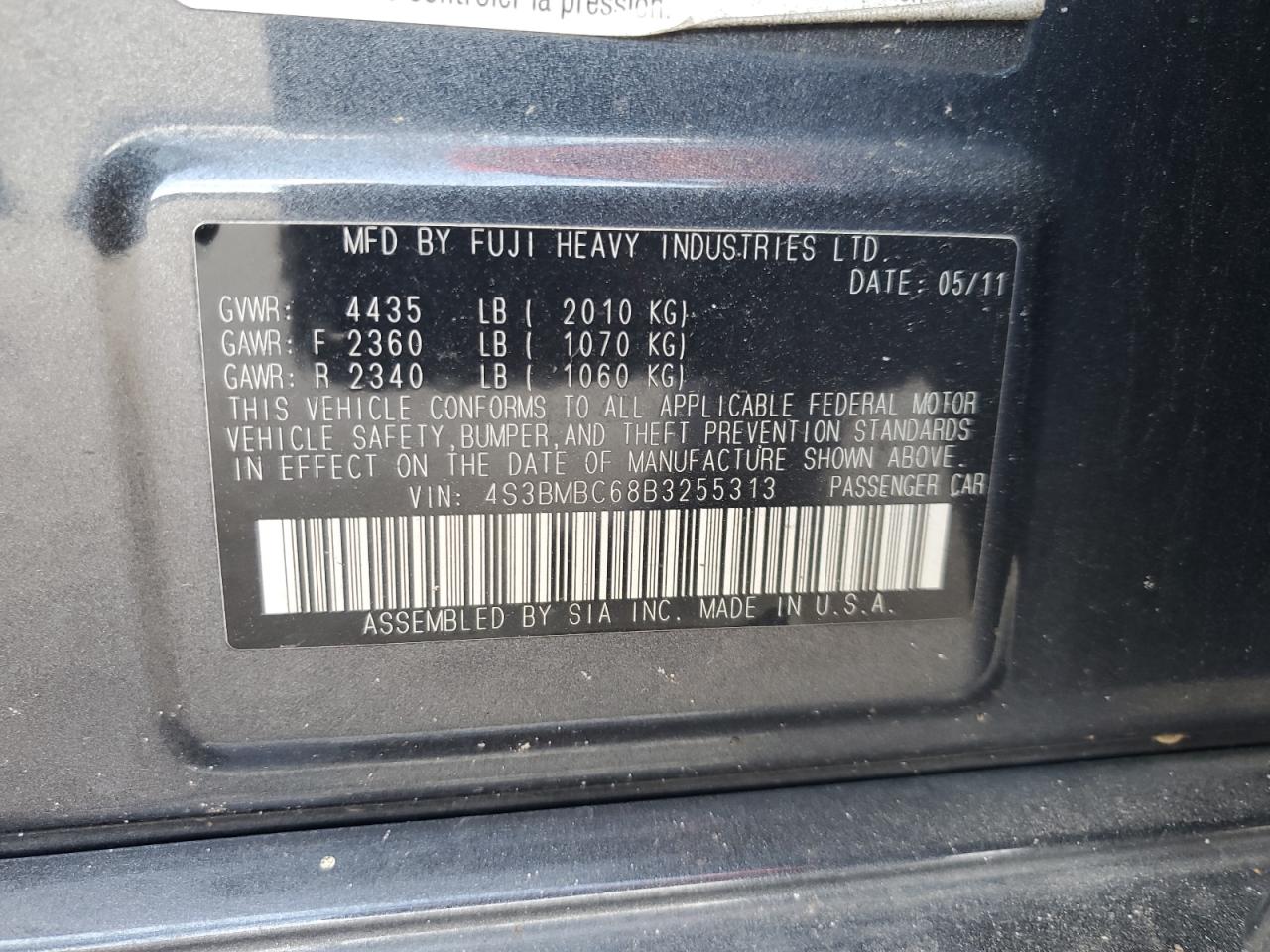 2011 Subaru Legacy 2.5I Premium VIN: 4S3BMBC68B3255313 Lot: 70442885