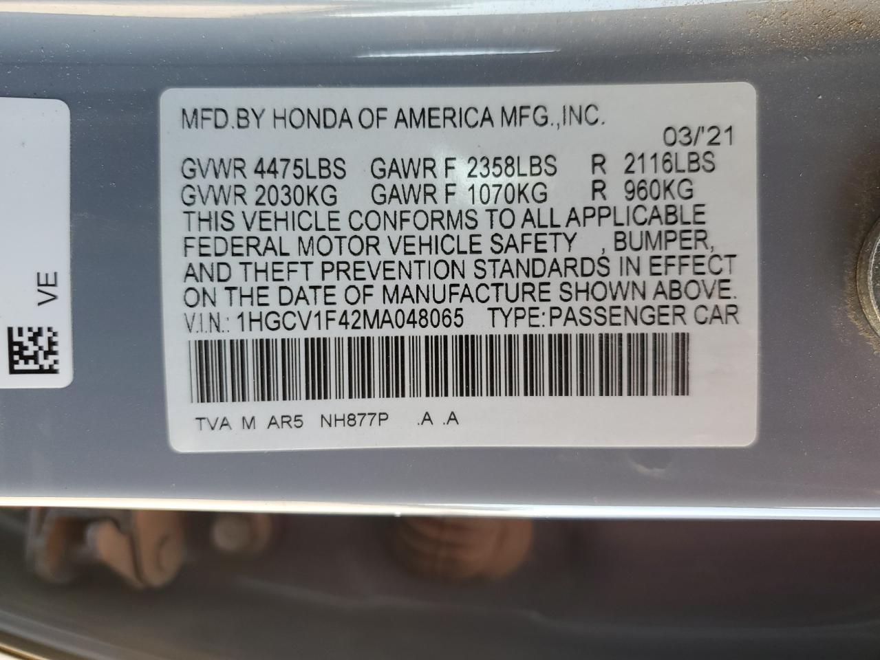 2021 Honda Accord Sport Se VIN: 1HGCV1F42MA048065 Lot: 68514825