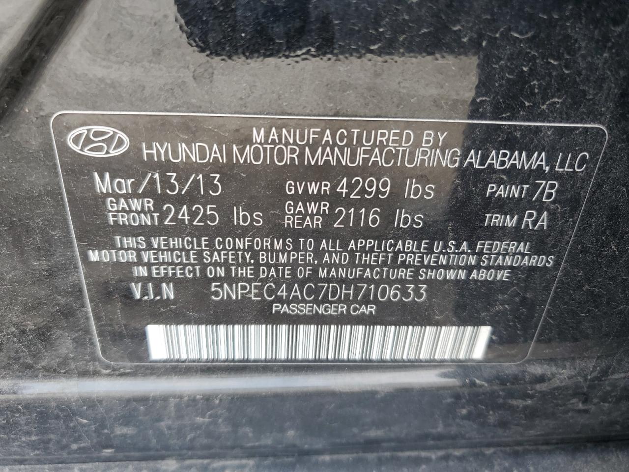 2013 Hyundai Sonata Se VIN: 5NPEC4AC7DH710633 Lot: 67282635