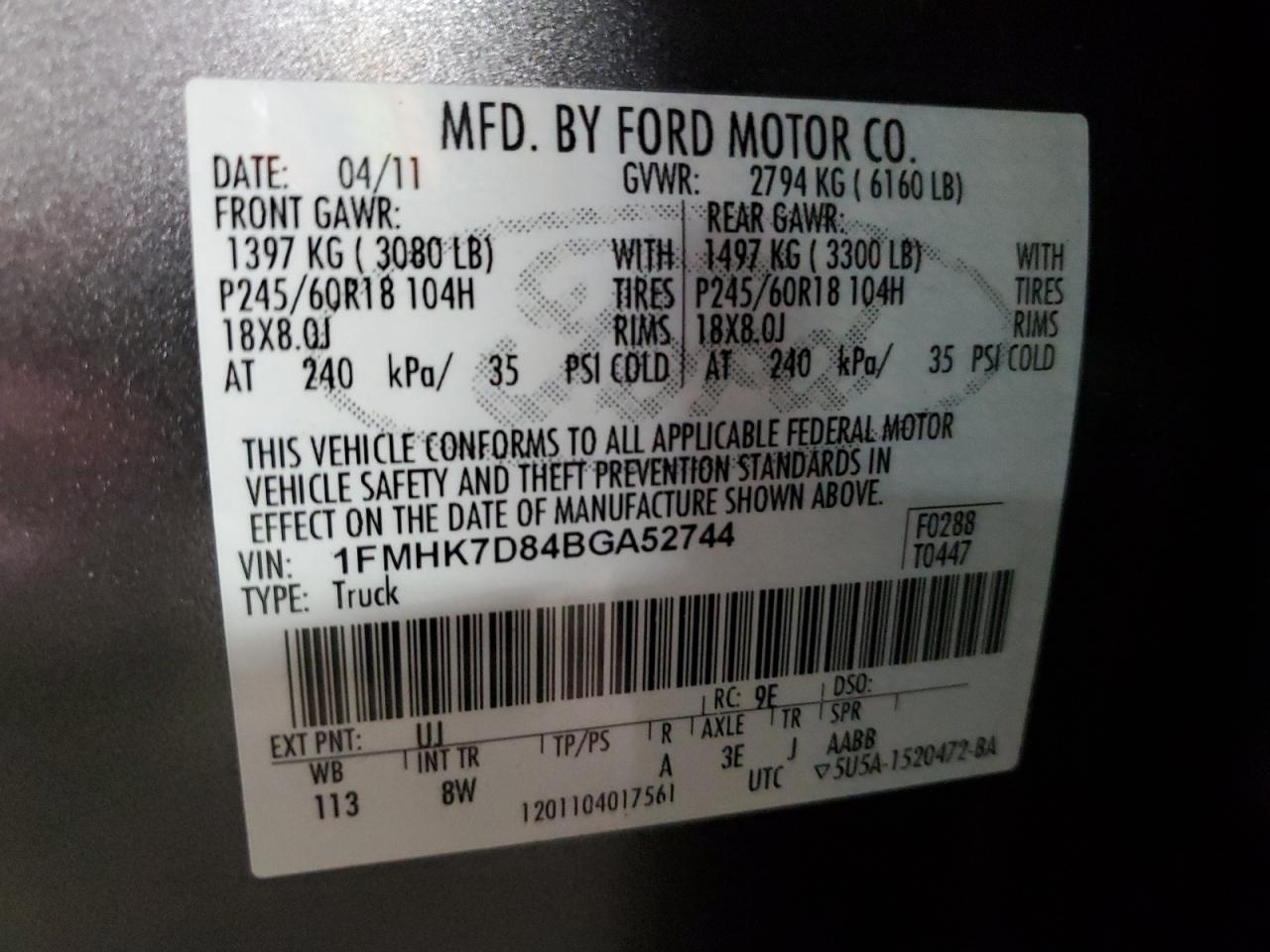 2011 Ford Explorer Xlt VIN: 1FMHK7D84BGA52744 Lot: 69426945