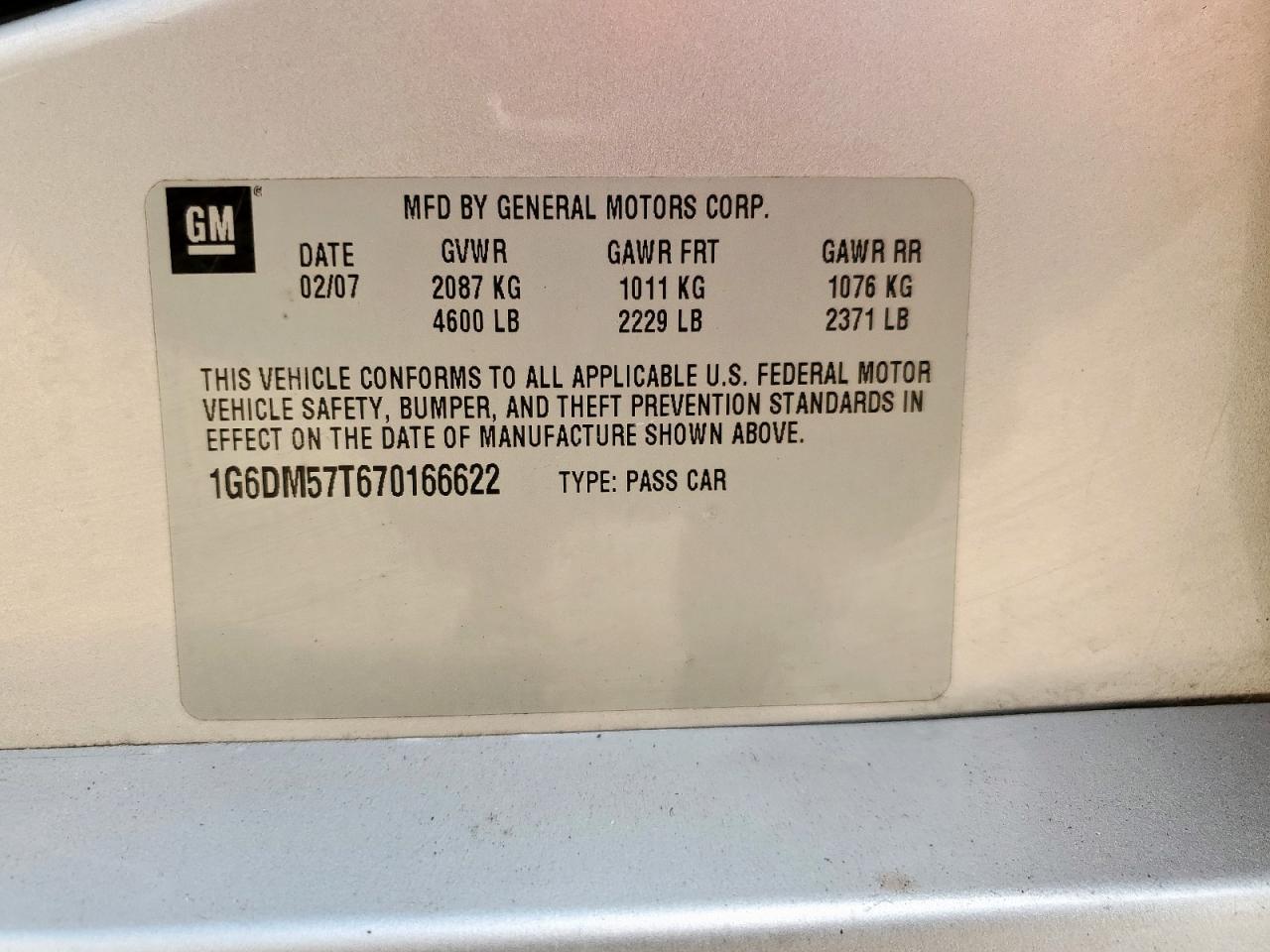 2007 Cadillac Cts VIN: 1G6DM57T670166622 Lot: 67309875