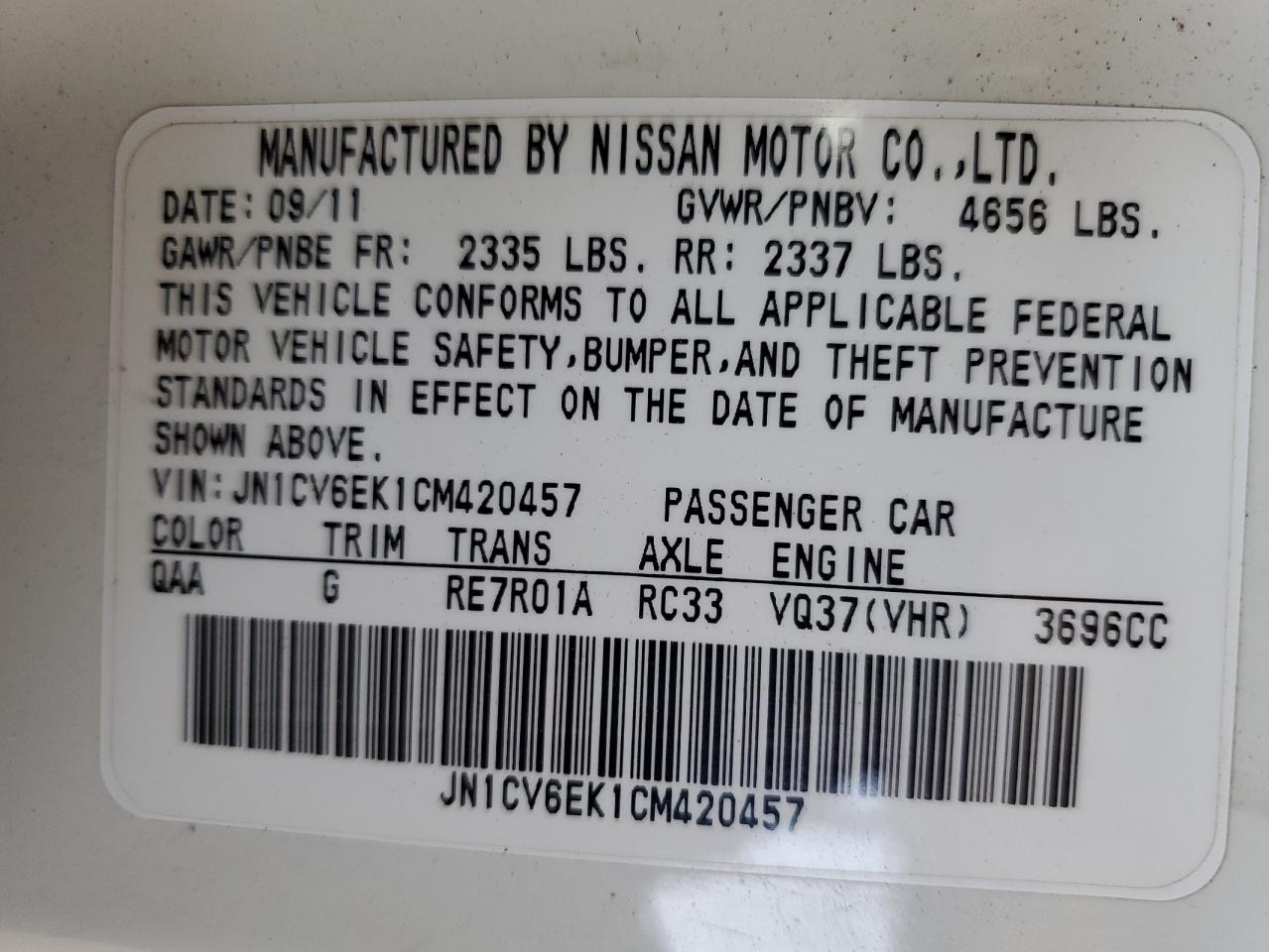 2012 Infiniti G37 Base VIN: JN1CV6EK1CM420457 Lot: 67149055