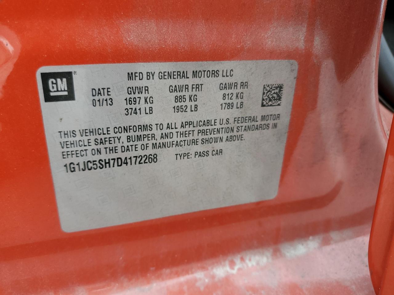 2013 Chevrolet Sonic Lt VIN: 1G1JC5SH7D4172268 Lot: 67529685