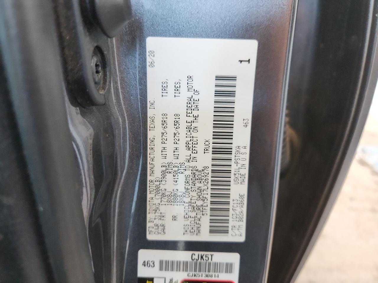 2020 Toyota Tundra Crewmax Sr5 VIN: 5TFEY5F17LX269278 Lot: 69126525