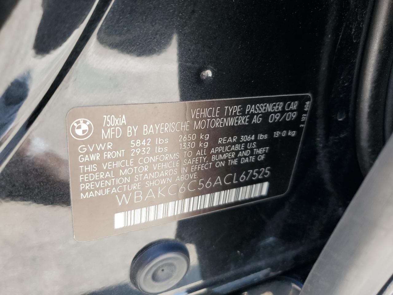 2010 BMW 750 I xDrive VIN: WBAKC6C56ACL67525 Lot: 68678395