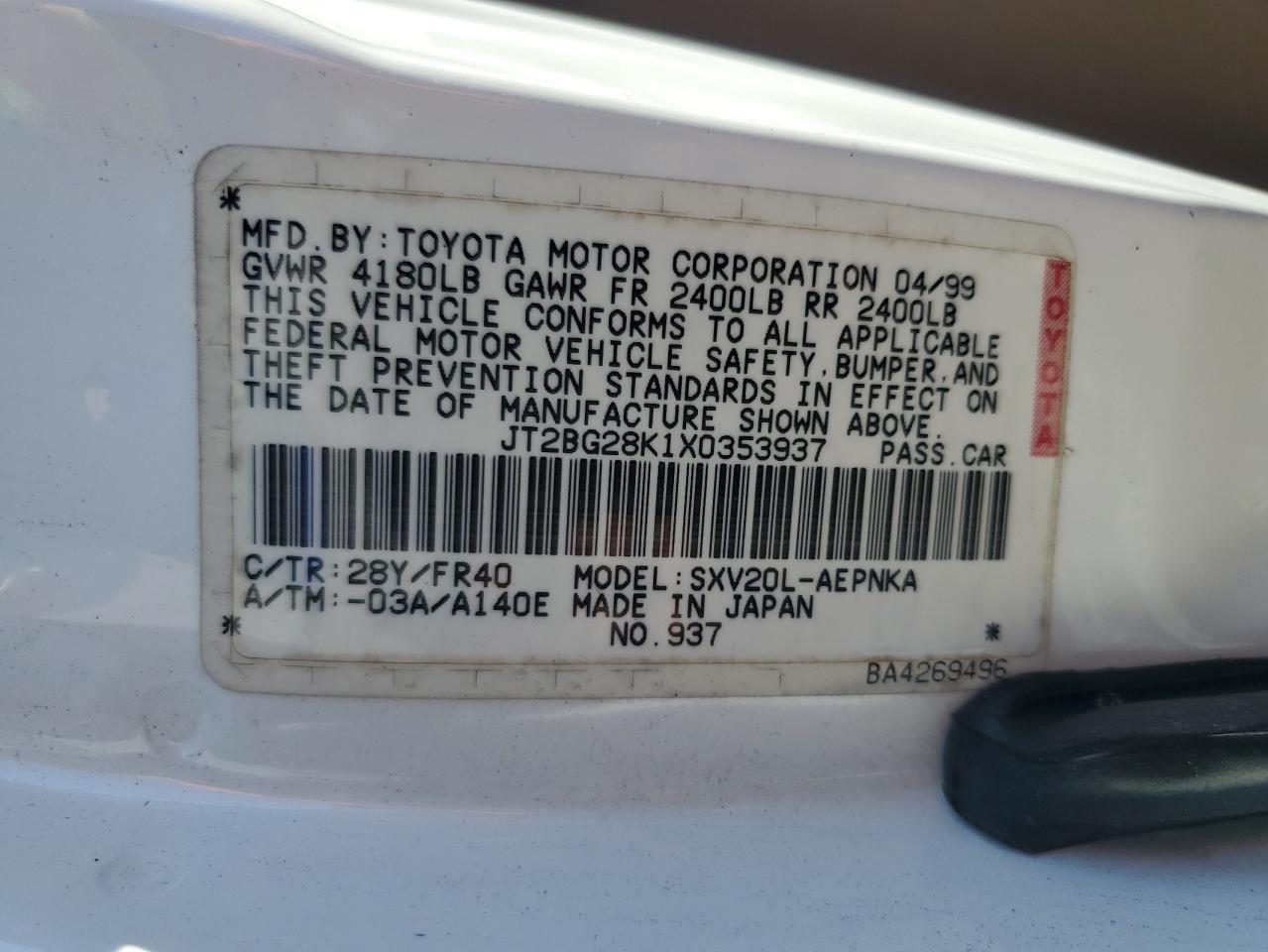 1999 Toyota Camry Le VIN: JT2BG28K1X0353937 Lot: 69913365