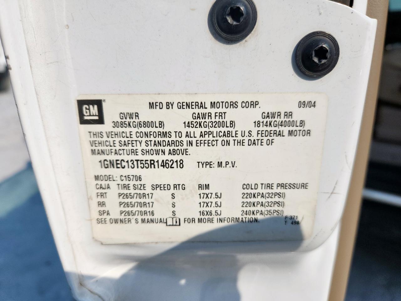 2005 Chevrolet Tahoe C1500 VIN: 1GNEC13T55R146218 Lot: 70655545