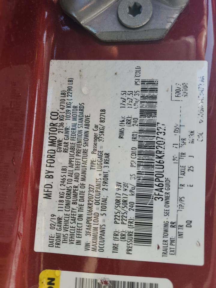 2019 Ford Fusion Se VIN: 3FA6P0LU6KR207327 Lot: 69100005