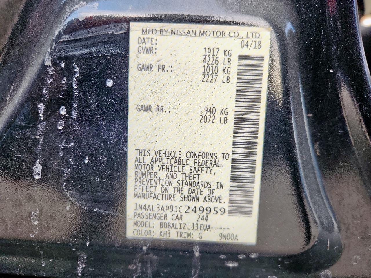 2018 Nissan Altima 2.5 VIN: 1N4AL3AP9JC249959 Lot: 70916435