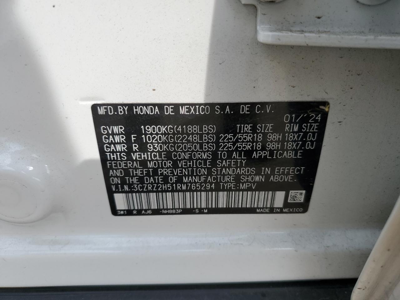 2024 Honda Hr-V Sport VIN: 3CZRZ2H51RM765294 Lot: 70783945