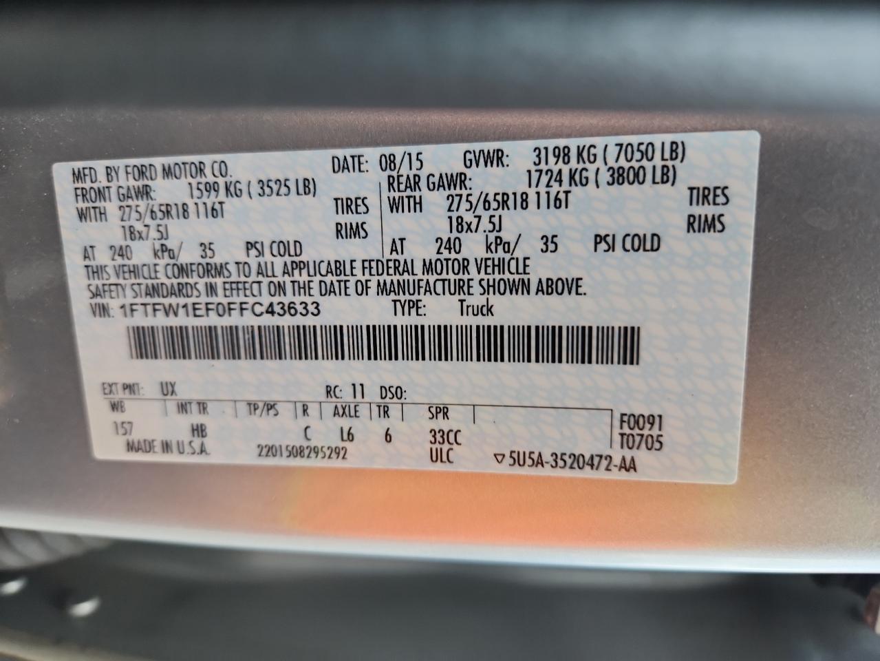 2015 Ford F150 Supercrew VIN: 1FTFW1EF0FFC43633 Lot: 69670975