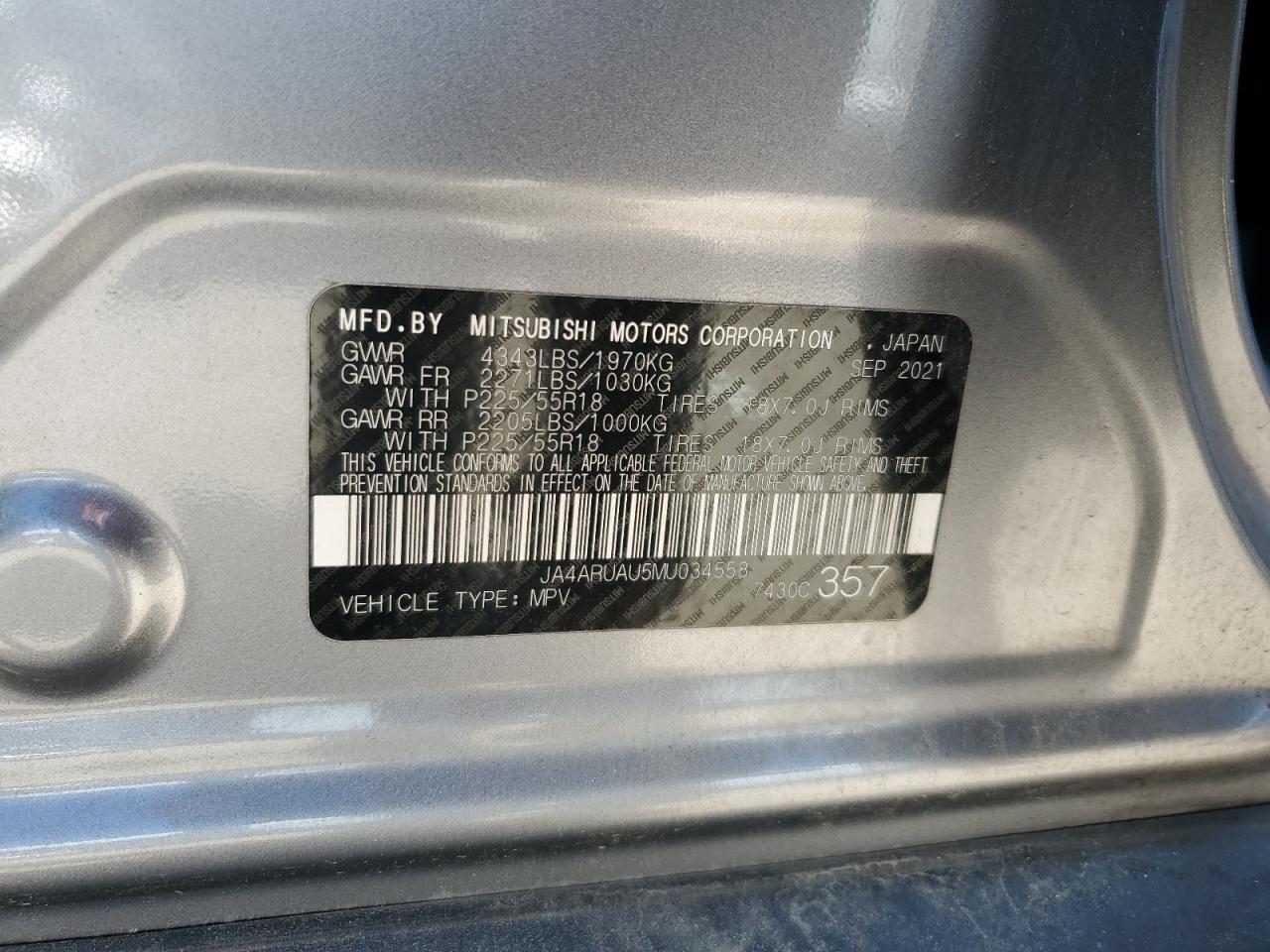 2021 Mitsubishi Outlander Sport Es VIN: JA4ARUAU5MU034558 Lot: 70284955