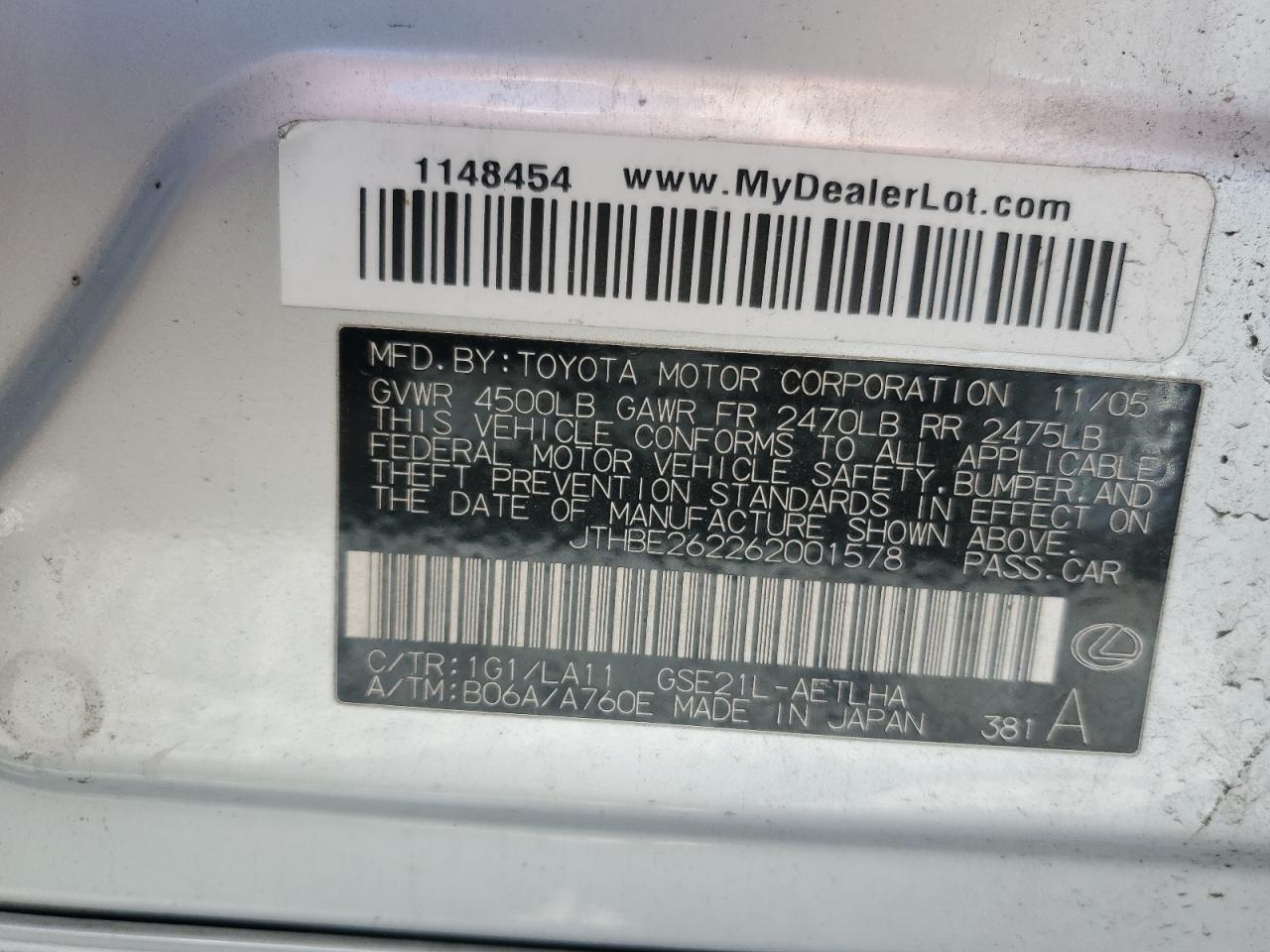 2006 Lexus Is 350 VIN: JTHBE262262001578 Lot: 66884965