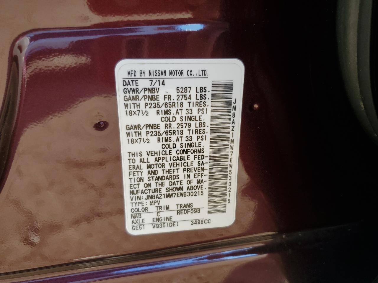 2014 Nissan Murano S VIN: JN8AZ1MW7EW530215 Lot: 69787905
