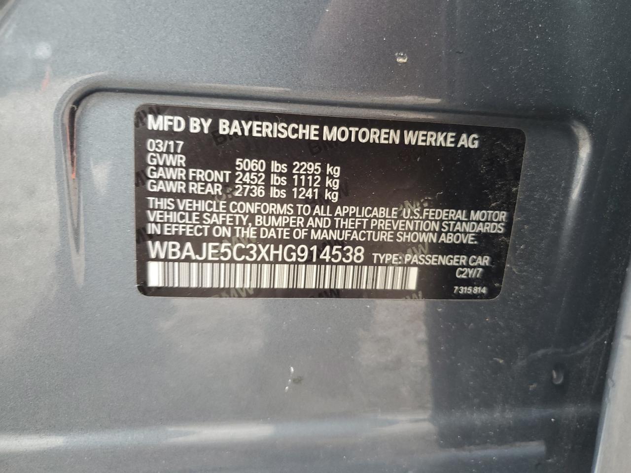 2017 BMW 540 I VIN: WBAJE5C3XHG914538 Lot: 68943535
