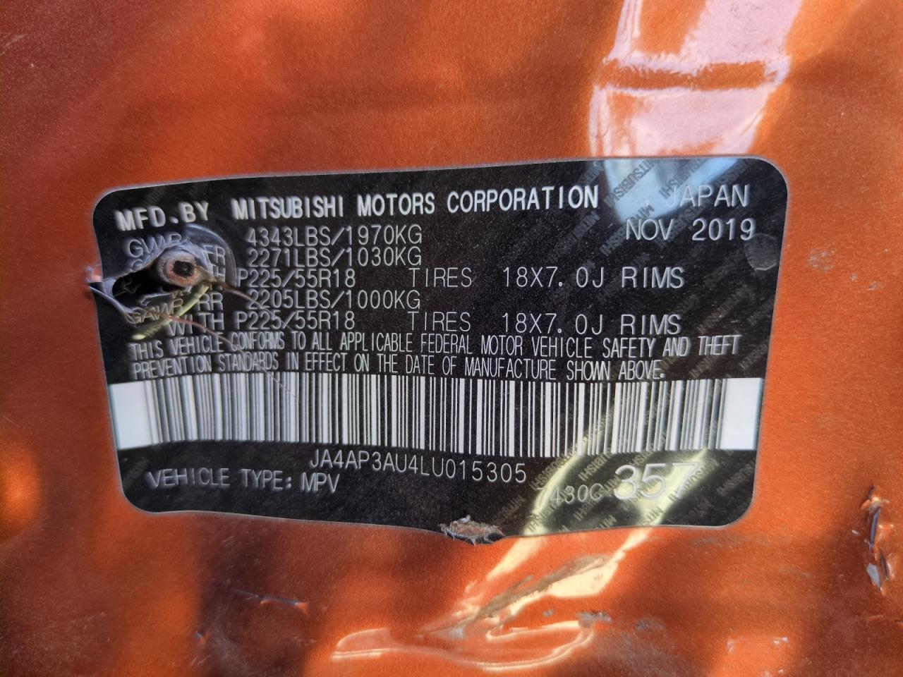 2020 Mitsubishi Outlander Sport Es VIN: JA4AP3AU4LU015305 Lot: 68162145