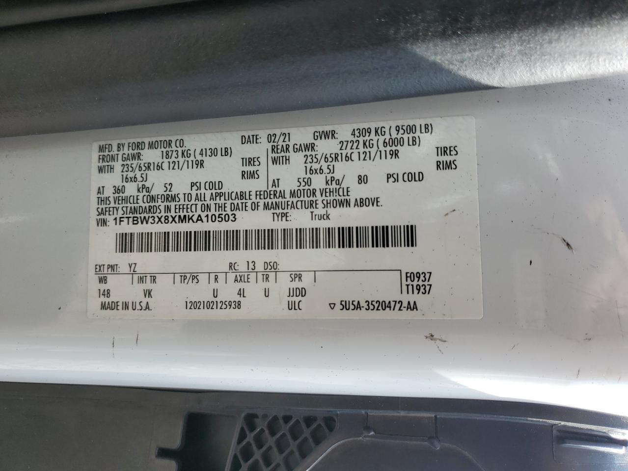 2021 Ford Transit T-350 VIN: 1FTBW3X8XMKA10503 Lot: 69321485