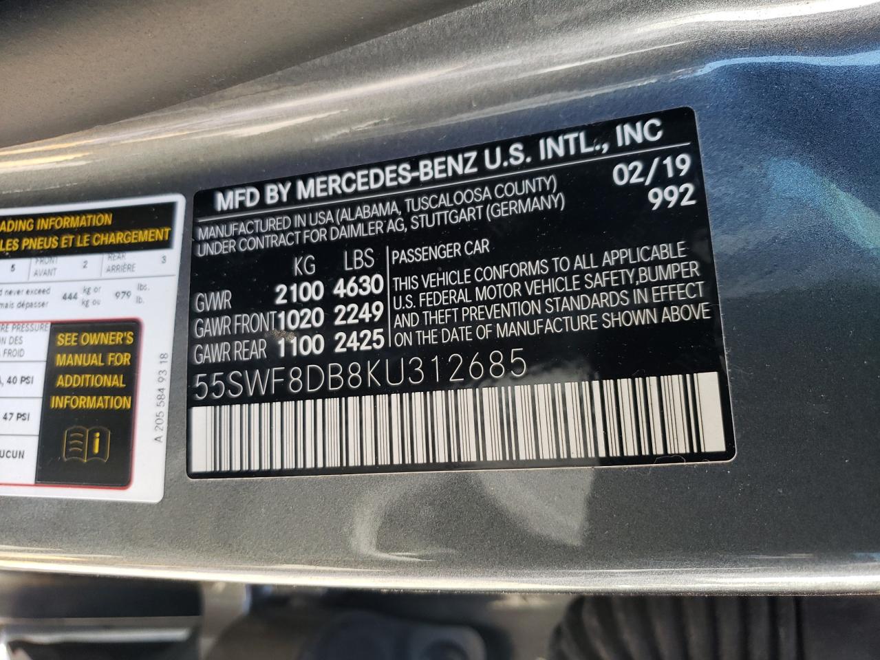2019 Mercedes-Benz C 300 VIN: 55SWF8DB8KU312685 Lot: 69441215