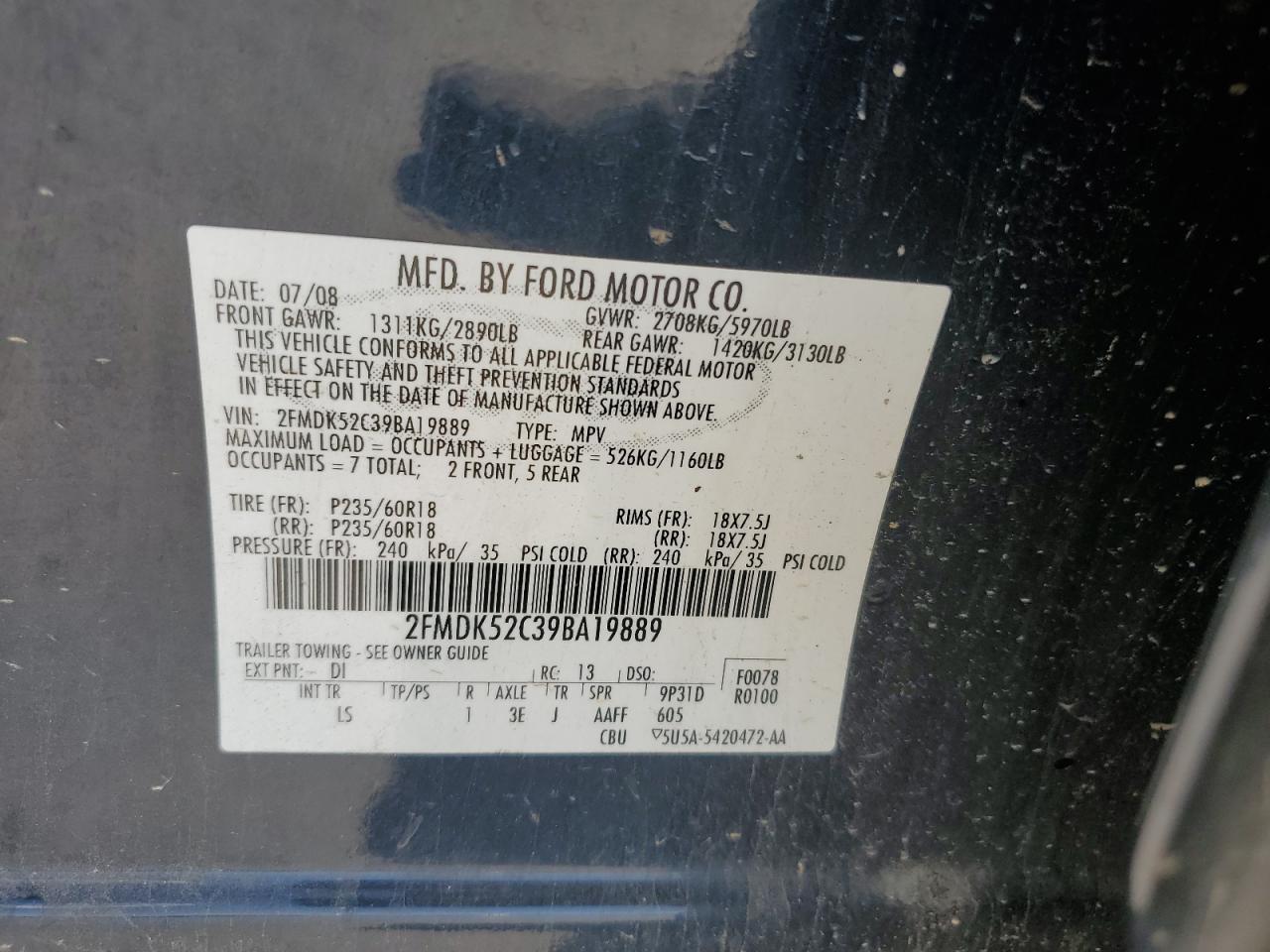 2009 Ford Flex Sel VIN: 2FMDK52C39BA19889 Lot: 70882055