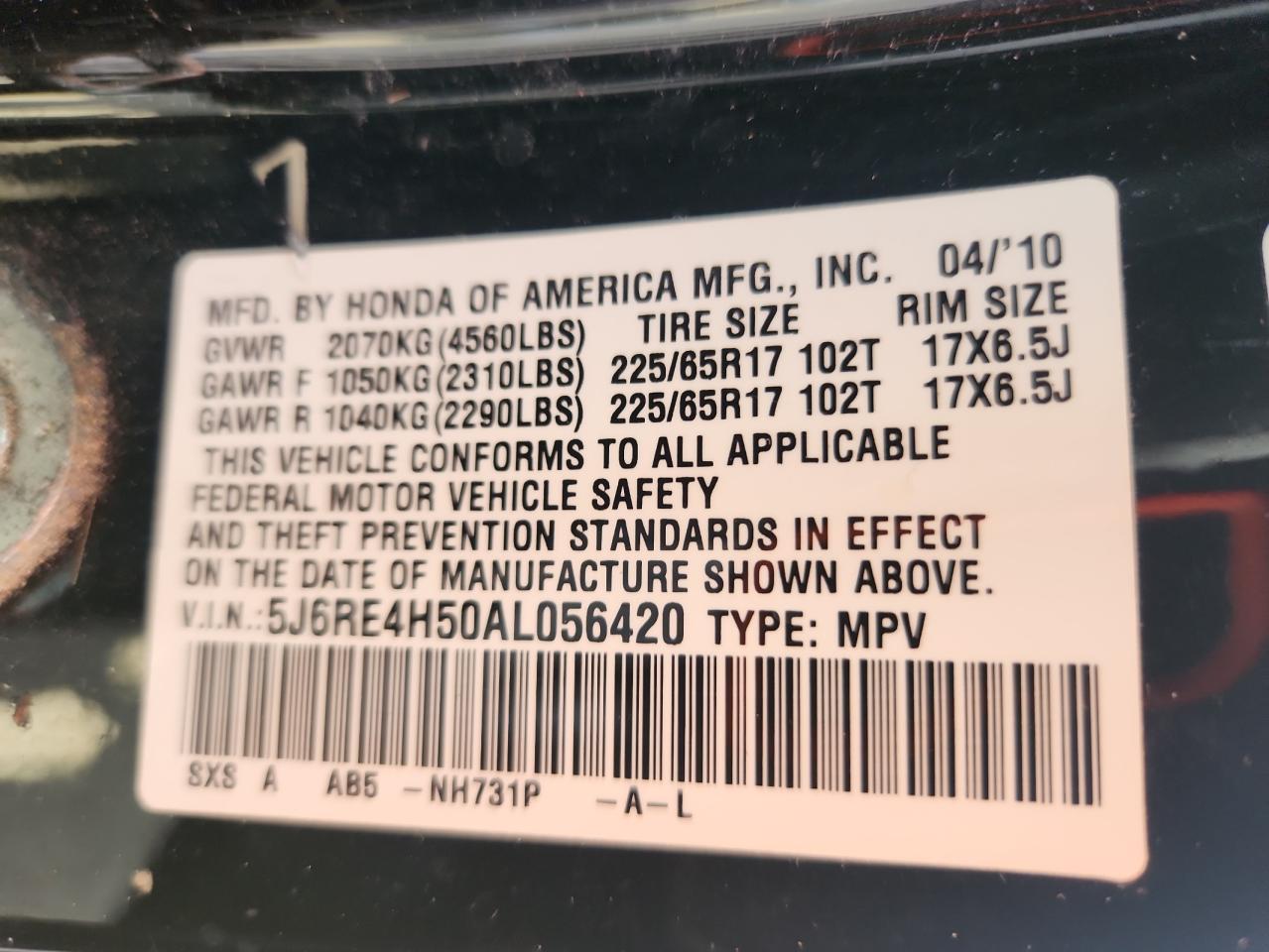 2010 Honda Cr-V Ex VIN: 5J6RE4H50AL056420 Lot: 70557415