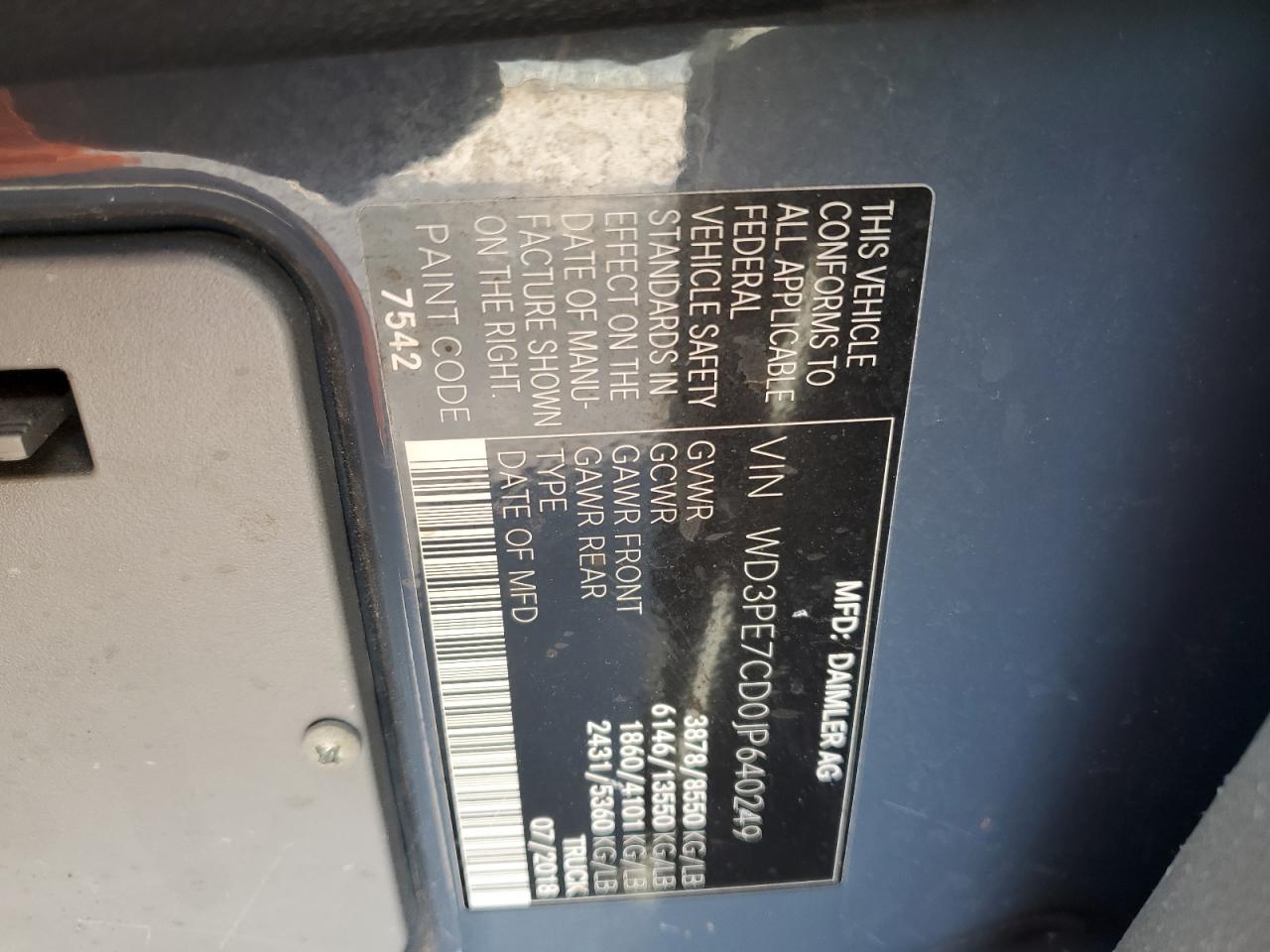 2018 Mercedes-Benz Sprinter 2500 VIN: WD3PE7CD0JP640249 Lot: 70082755