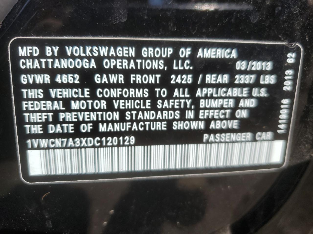 2013 Volkswagen Passat Sel VIN: 1VWCN7A3XDC120129 Lot: 70227155