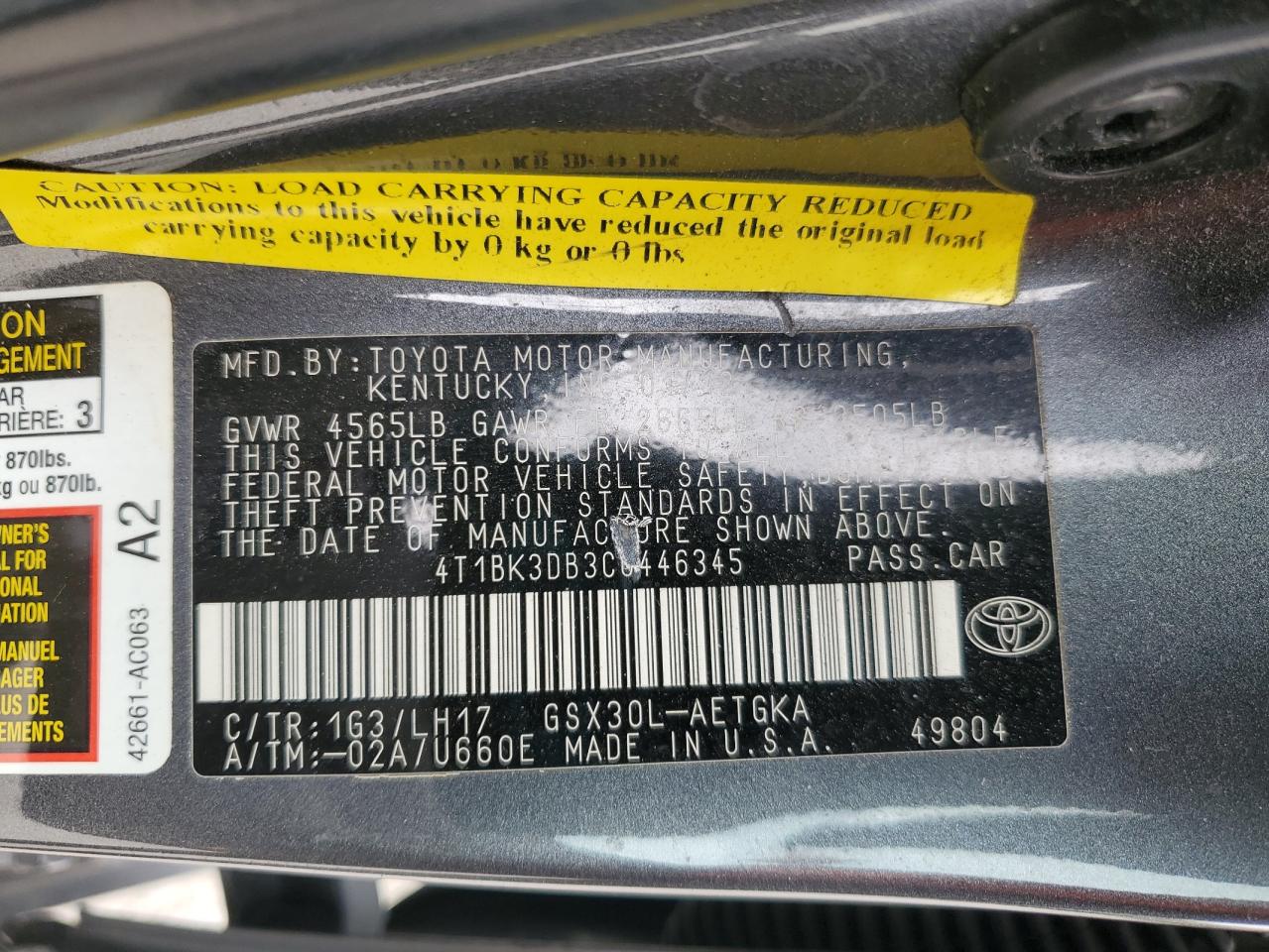 2012 Toyota Avalon Base VIN: 4T1BK3DB3CU446345 Lot: 67509065