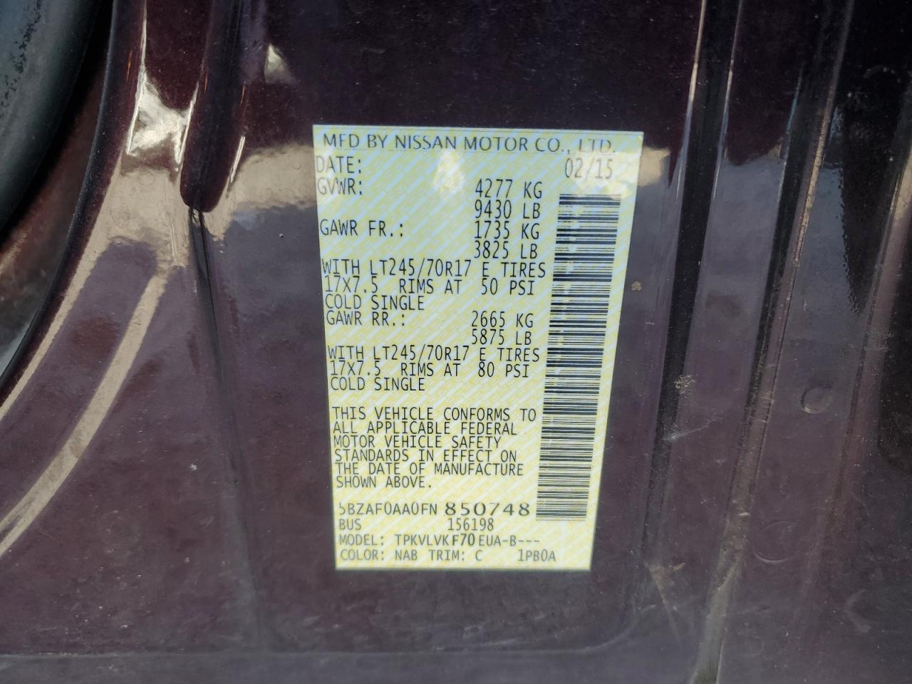 2015 Nissan Nv 3500 S VIN: 5BZAF0AA0FN850748 Lot: 66316455