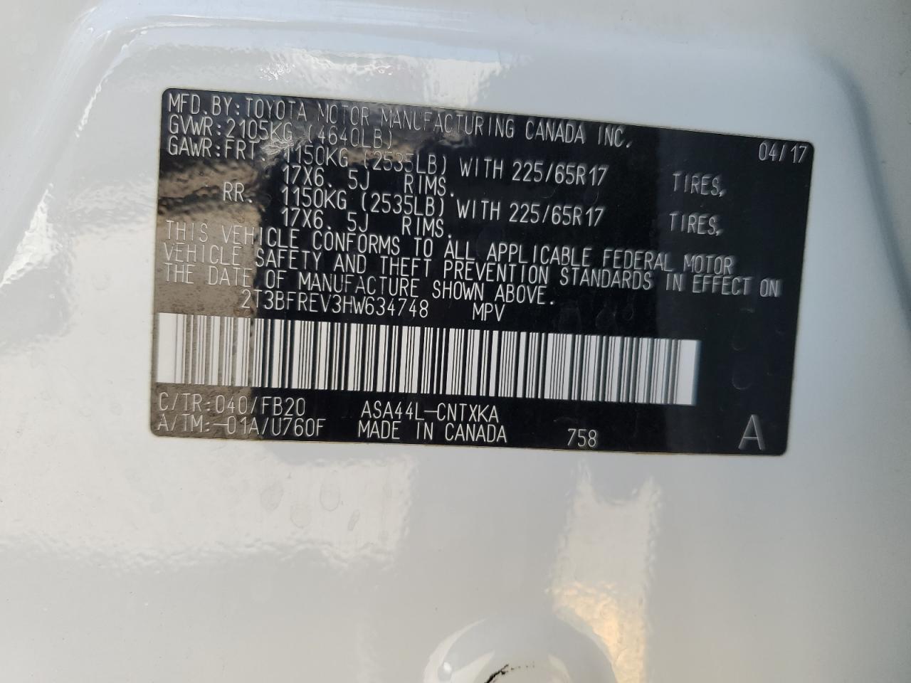 2017 Toyota Rav4 Le VIN: 2T3BFREV3HW634748 Lot: 68882525