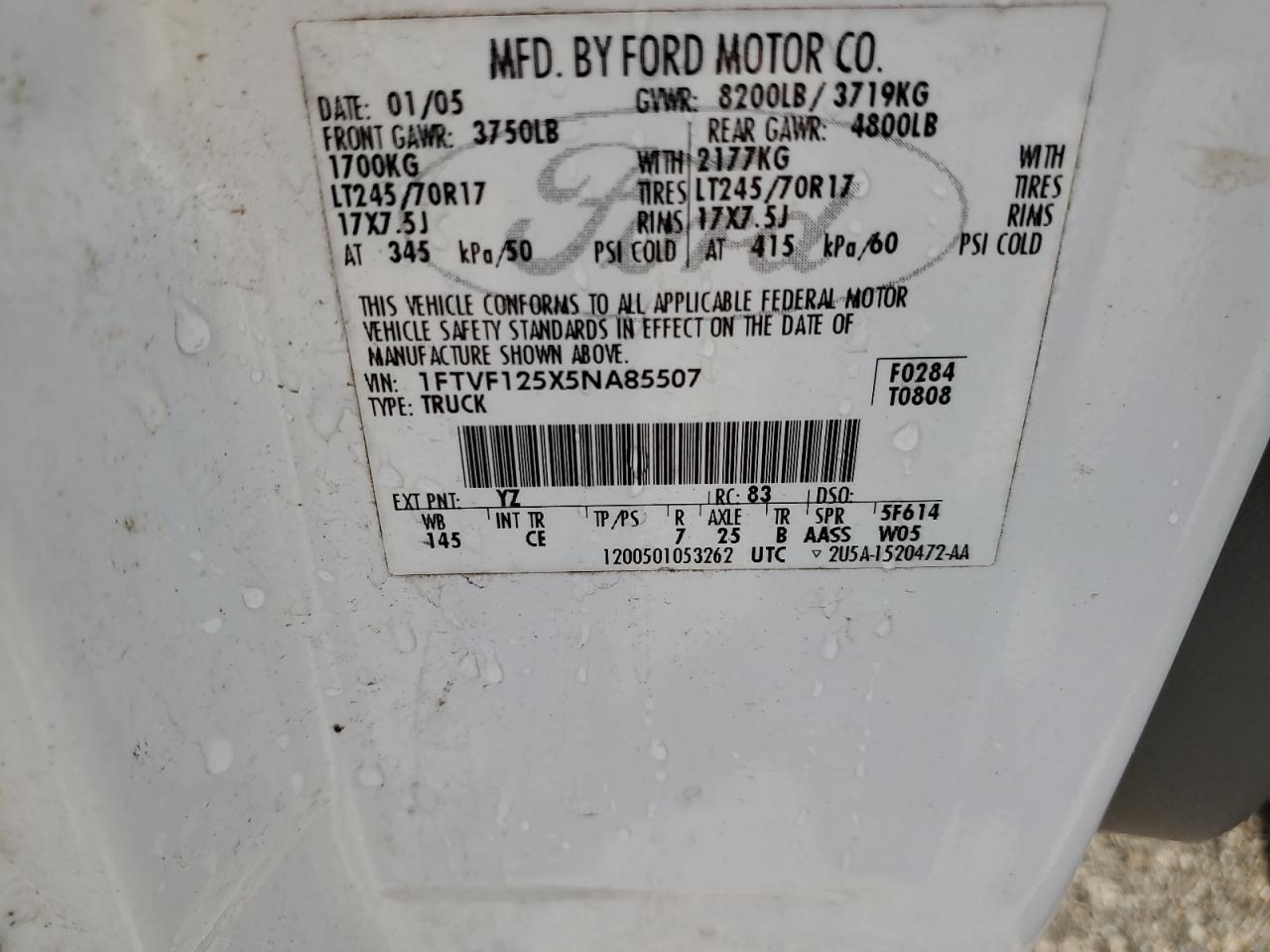 2005 Ford F150 VIN: 1FTVF125X5NA85507 Lot: 68749695