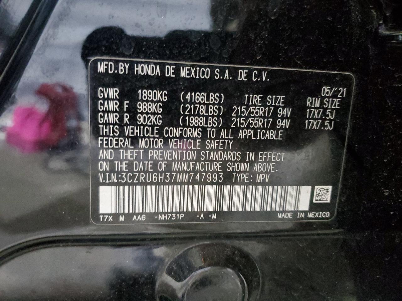 2021 Honda Hr-V Lx VIN: 3CZRU6H37MM747993 Lot: 69367745