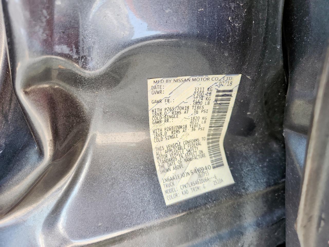 2018 Nissan Titan S VIN: 1N6AA1EJ0JN546940 Lot: 70696415