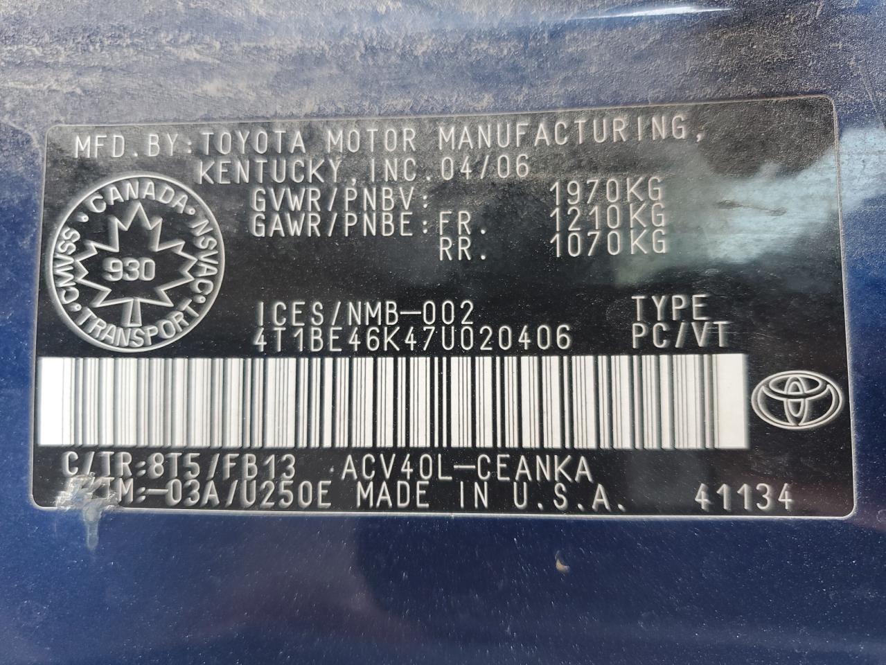 2007 Toyota Camry Ce VIN: 4T1BE46K47U020406 Lot: 66801305