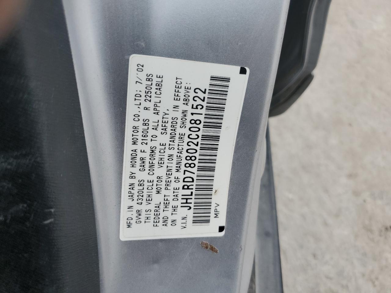 2002 Honda Cr-V Ex VIN: JHLRD78802C081522 Lot: 71175175