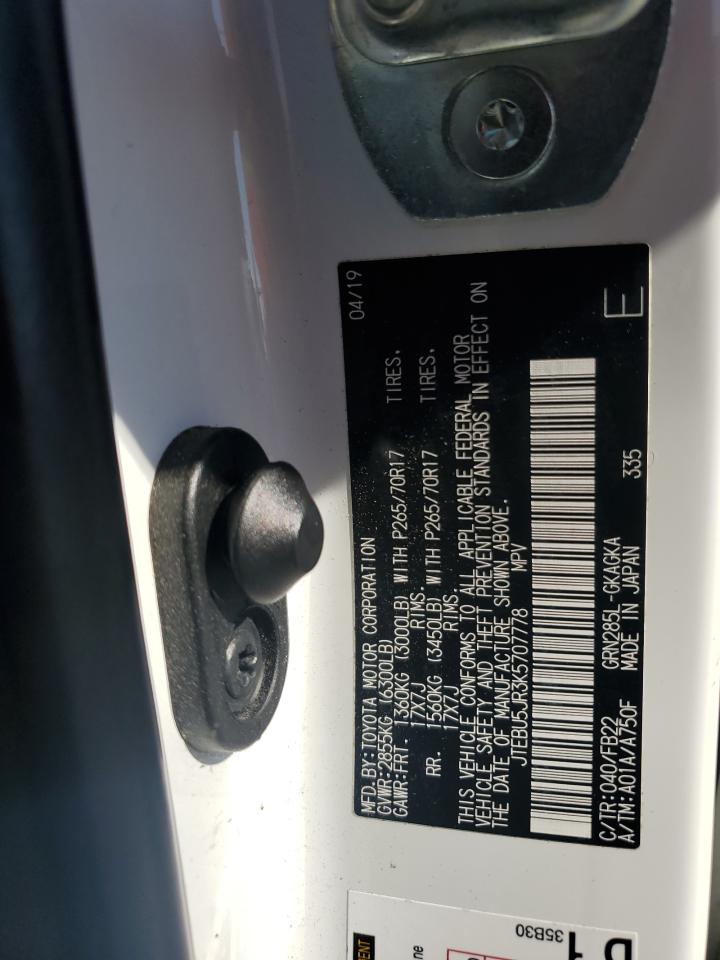 2019 Toyota 4Runner Sr5/Sr5 Premium VIN: JTEBU5JR3K5707778 Lot: 70802235