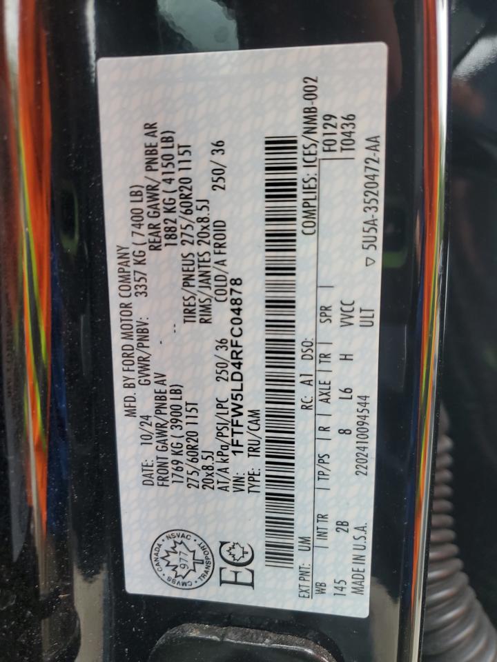 2024 Ford F150 Lariat VIN: 1FTFW5LD4RFC04878 Lot: 63941155