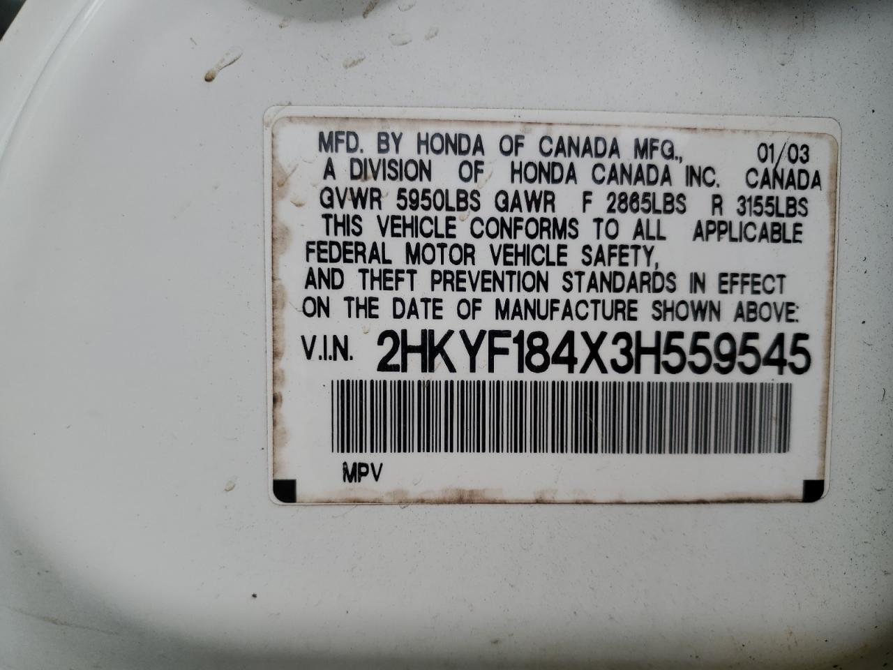 2003 Honda Pilot Ex VIN: 2HKYF184X3H559545 Lot: 69343035