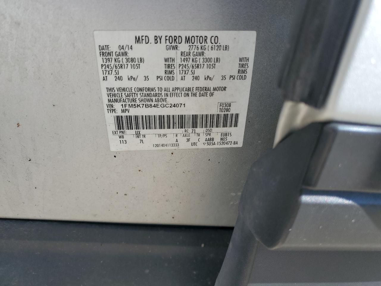 2014 Ford Explorer VIN: 1FM5K7B84EGC24071 Lot: 70158845