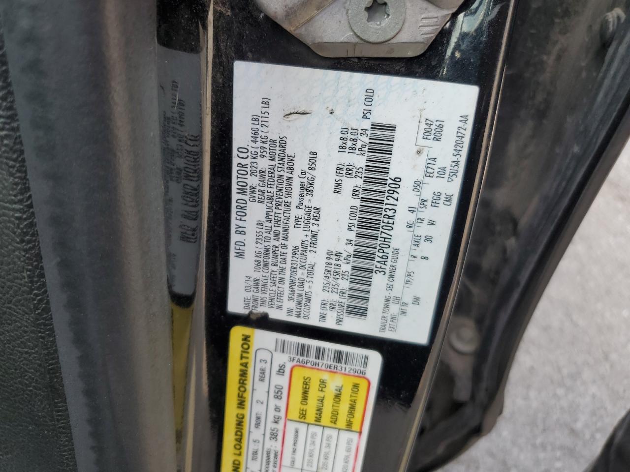 2014 Ford Fusion Se VIN: 3FA6P0H70ER312906 Lot: 67602545