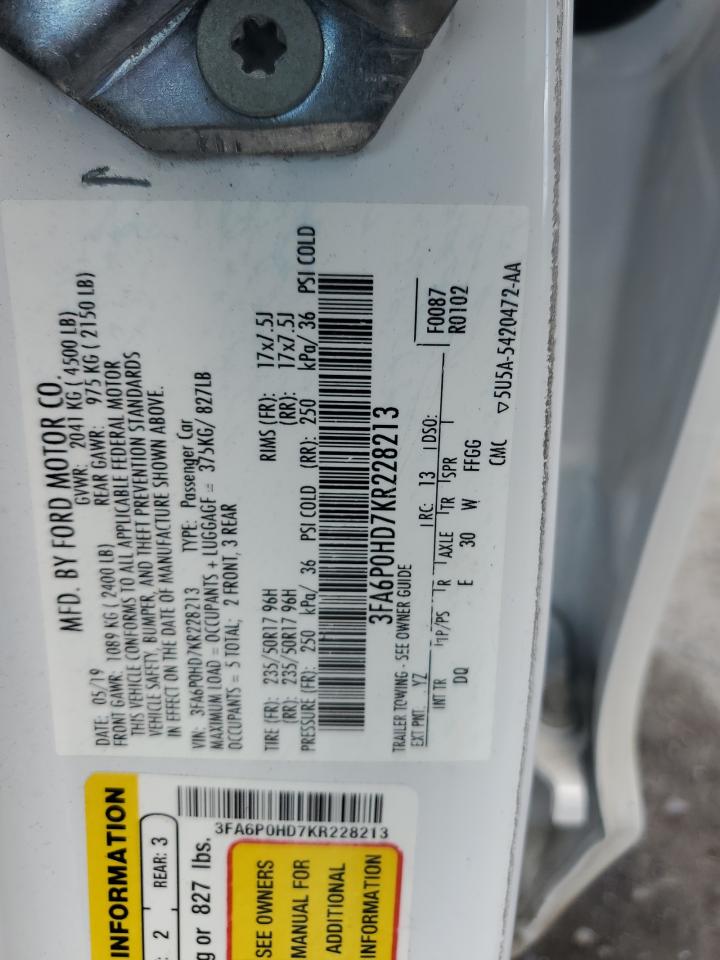 2019 Ford Fusion Se VIN: 3FA6P0HD7KR228213 Lot: 67046565